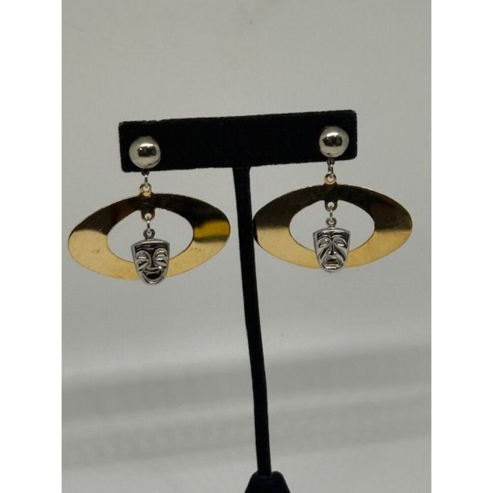 Vintage Gold & Silver Tone Comedy/Tragedy Drama Masks Dangle Earrings